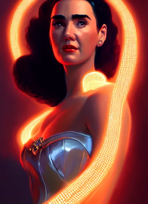 Image similar to portrait of 1 9 5 0 s darna, jennifer connelly, intricate, elegant, glowing lights, highly detailed, digital painting, artstation, glamor pose, concept art, smooth, sharp focus, illustration, art by wlop, mars ravelo and greg rutkowski