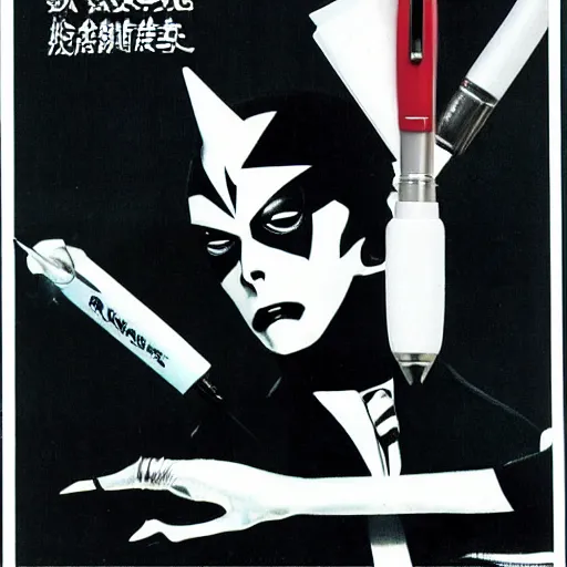 Prompt: a high quality product photo ad of klaus nomi with a technical reed rollerball pen exacto knife by junji ito, ethereal eel