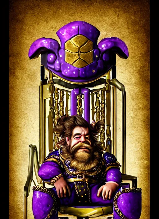 Image similar to dwarf fighter sitting in mechanical chair that has spider legs, gold and purple, exquisite details, black beard, white background, by studio muti