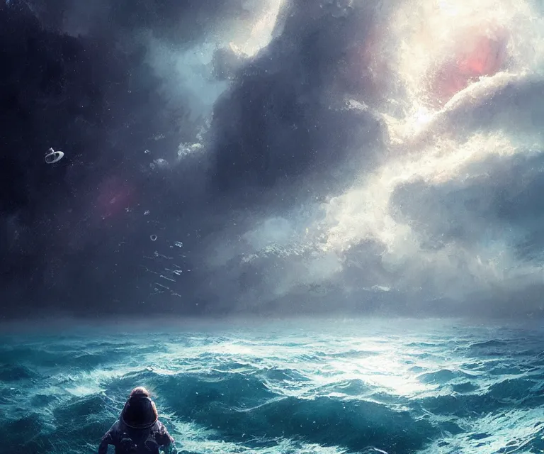 Image similar to an astronaut lost in the ocean,digital art,detailed,ultra realistic,art by greg rutkowski