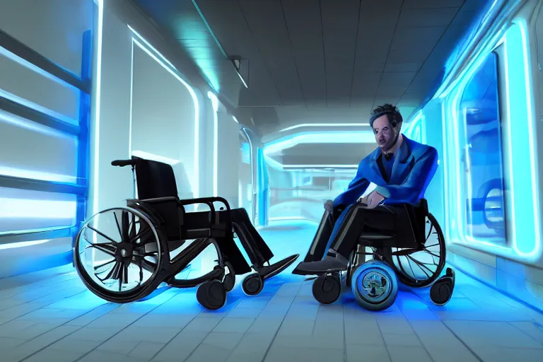 Image similar to man on a futuristic wheelchair, blue neon wheels, beautiful lighting, post processing, ultra realistic details, hyper real, unreal engine 5, octane render