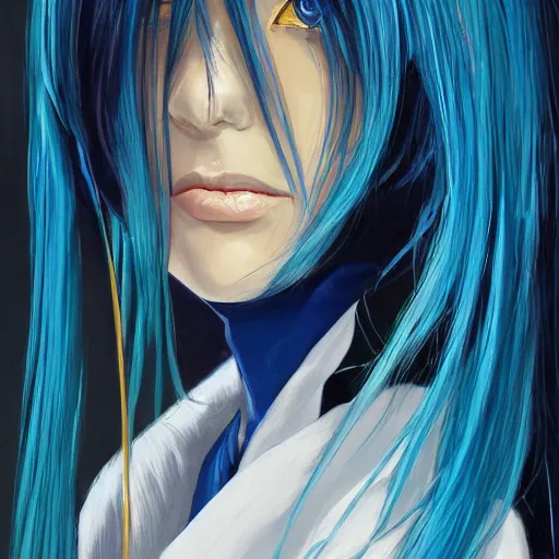 Prompt: profile shot of rimuru tempest, sky blue straight hair, long bangs, gold eyes, amber irises, wearing a black jacket with white stripes, high collar, ultra detailed, wild brush strokes, digital painting, cinematic, wlop, pixiv, color block, eerie, scary, yoshitaka amano, ilya kuvshinov, andy warhol