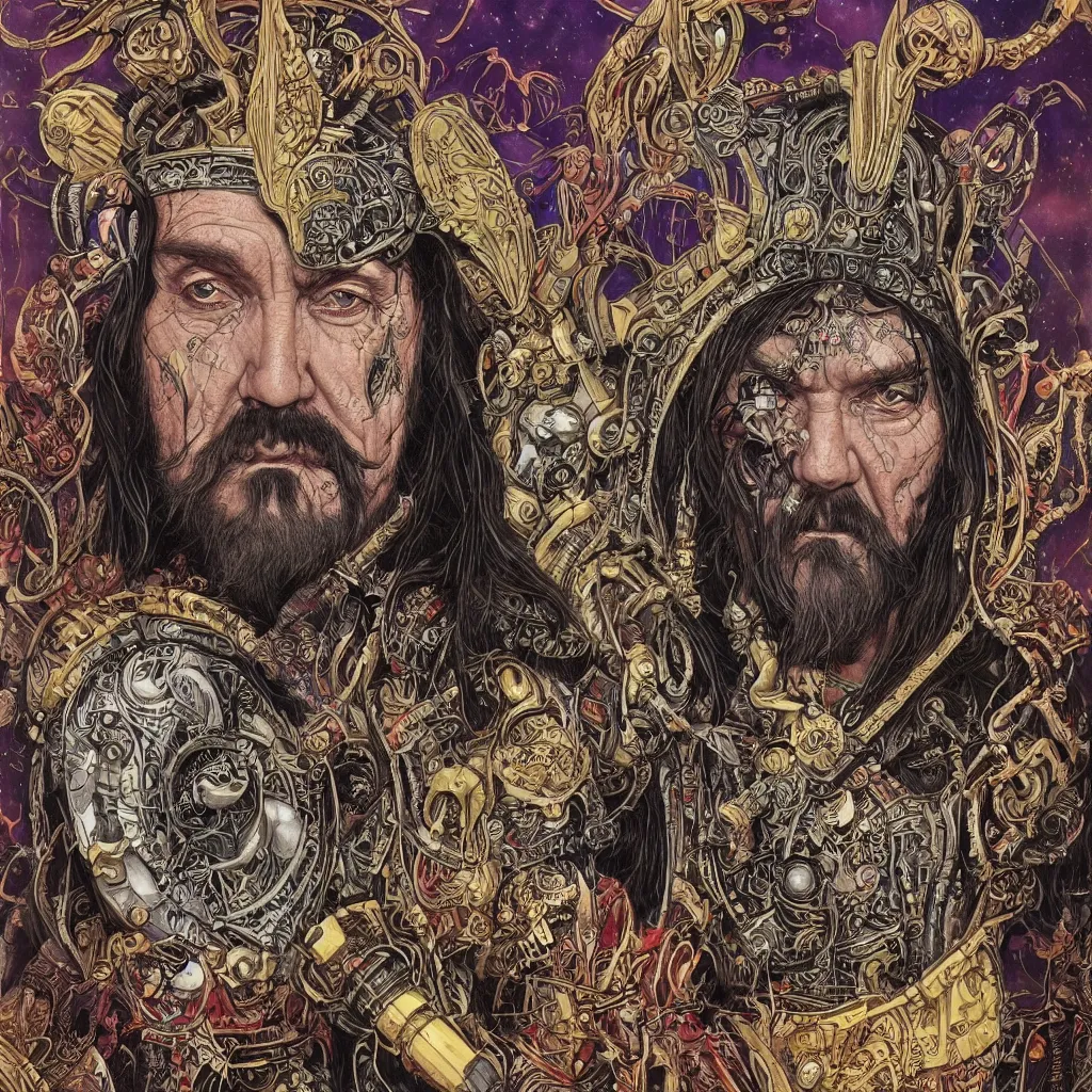 Image similar to A dramatic full-color art nouveau and tribal viking styled bust panorama portrait of lemmy kilmister as a spacepunk god-king of the universe, hyperdetailed mixed media artwork combining the styles of Travis Charest, Michael Whelan, Bill Sienkiewicz, Duncan Fegredo, Simon Bisley, Alphons Mucha, Dave McKean and Karol Bak, vast power, stoicism, pessimism, confident shaded eyes, tarnished and rusted metal, wrought iron architecture, perfectly symmetrical facial features, 8k, deeply hyperdetailed, cinematic lighting, realistic mechanical details, 8k, UHD, HDR