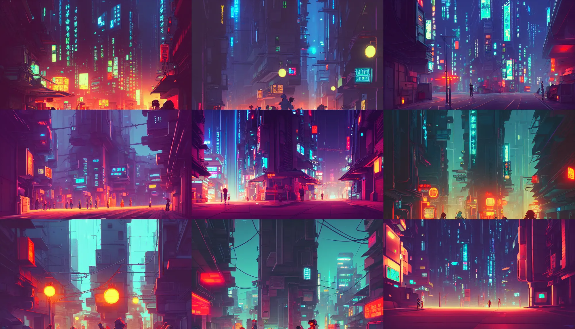 Prompt: cyberpunk street at night, low - level view, artstation, elegant, highly detailed, digital painting, concept art, smooth, sharp focus, illustration, art by studio ghibli, fujita goro, atey ghailan, tom whalen, jean giraud 8 k