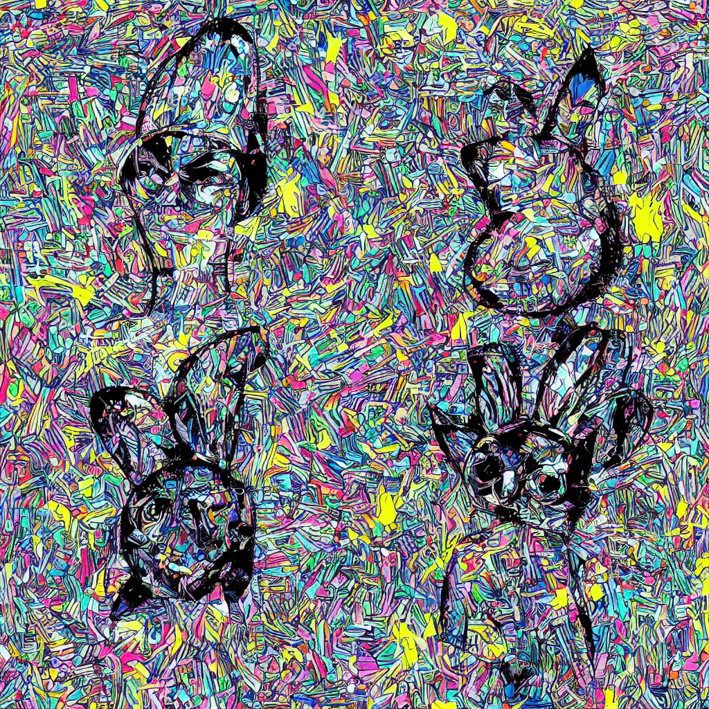 Image similar to person wearing bunny ear hat, abstract, jet set radio artwork, ryuta ueda artwork, cryptic, rips, spots, asymmetry, stipple, lines, glitches, color tearing, pitch bending, stripes, dark, ominous, eerie, hearts, minimal, points, technical, natsumi mukai artwrok, folds