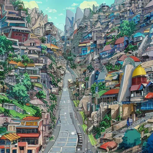 Image similar to futuristic city on a mountainside, colorful city, megacity, clouds on mountain, buildings on mountainside, looking down street, ultra - long street, liminal spaces, sloped street going down, downward slope, cel - shading, cel - shaded, 2 0 0 1 anime, bright sunshine