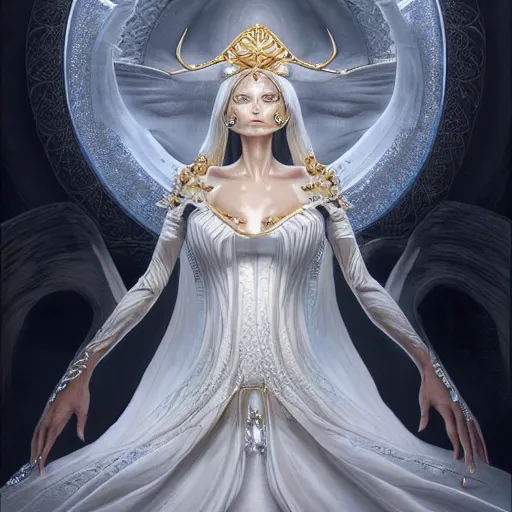 Image similar to a beautiful woman wearing a white dress made of silk with golden ornaments and diamonds jewelry by alex gray and android jones , Karol Bak, Ayami Kojima, Amano , concept art, character design, fantasy,3D, 8k resolution