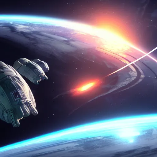 Prompt: Earth fleet entering Earth orbit by cat-meff, deviantart, unreal engine 5, sci-fi, space, 3D render, game art, concept art