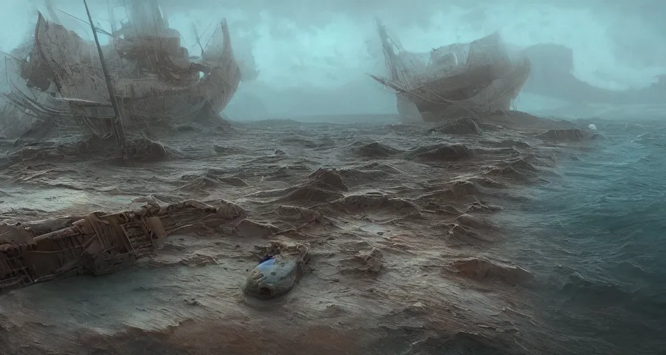 Prompt: Derelict galleon washed up seascape, rendered by zdzisław beksiński, simon stålenhag, Beeple, environment concept, digital art, starwars, unreal engine, 3 point perspective, WLOP, trending on artstation, low level, 4K UHD image, octane render,