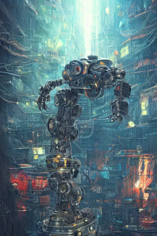 Prompt: an extremely intricately hyper detailed robot lots of cables and lights and connections, inspired by studio ghibli, highly detailed perfect render, realism. concept art. unreal engine 5, f / 1. 8, v - ray, ultra hd, 8 k, atmospheric beautiful background and beautiful lighting. iron forge background lots of sparks and fire. god rays, volumetric lighting. hyper realism.