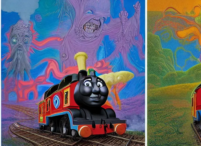 Image similar to psychedelic art of thomas the tank engine meeting god, in the style of michael whelan and james gurney and wayne barlowe