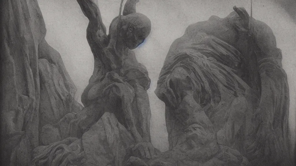 Prompt: a medieval chiaroscuro lithograph of a colossal sculpture by kurt seligmann and edward steichen, enormous creatures augment my desire coming out of a fog