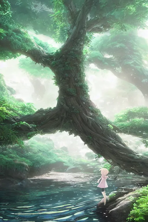 Image similar to ethereal river flowing through a giant ancient tree, serene evening atmosphere, pixie dust in the air, soft lens, soft light, cel - shading, animation, in the style of cgsociety, deviantart, artstation, zbrush, cinema 4 d, studio ghibli, akihiko yoshida, atelier lulua, masamune shirow