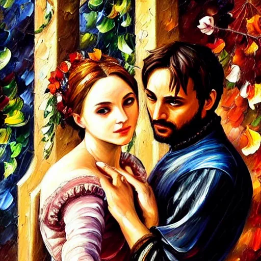 Image similar to highly detailed painting of shakespeare's romeo and juliet in the city of verona, italy. intricate, high quality oil painting artstyle, in the style of leonid afremov, deviantart, figurative art, deviantart, ilya kuvshinov, lovecraftian, very detailed face, portrait