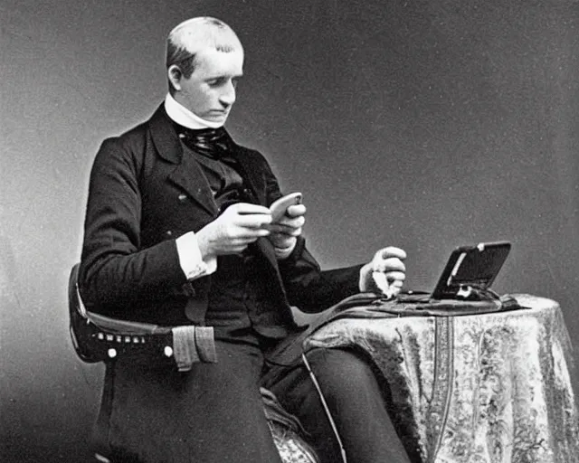 Image similar to 1 8 0 0 s photo of the king checking his twitter feed on his cellphone