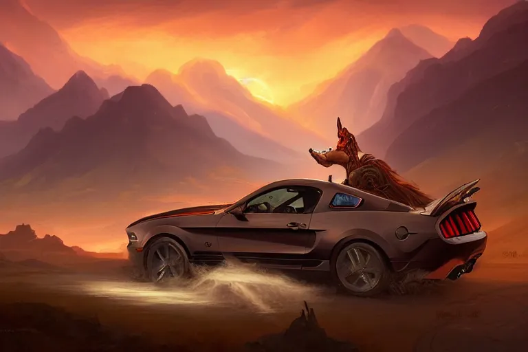 Prompt: a mustang driving down a country road, coriolios rpg art style, full of details, warm sunset colors, matte painting, artstation, 8 k, hyperrealistic, style of peter mohrbacher