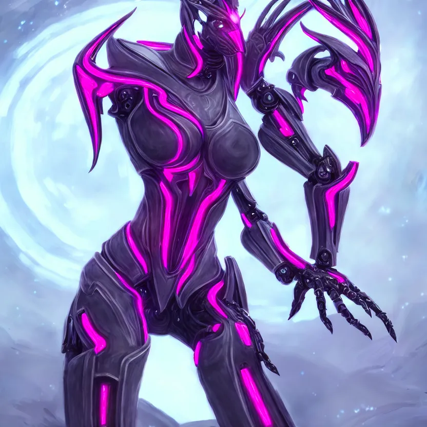 Image similar to highly detailed exquisite fanart, of a stunning beautiful female warframe, but as an anthropomorphic robot dragon, standing elegantly, shining reflective off-white plated armor, bright Fuchsia skin, sharp claws, full body shot, epic cinematic shot, realistic, professional digital art, high end digital art, DeviantArt, artstation, Furaffinity, 8k HD render, epic lighting, depth of field