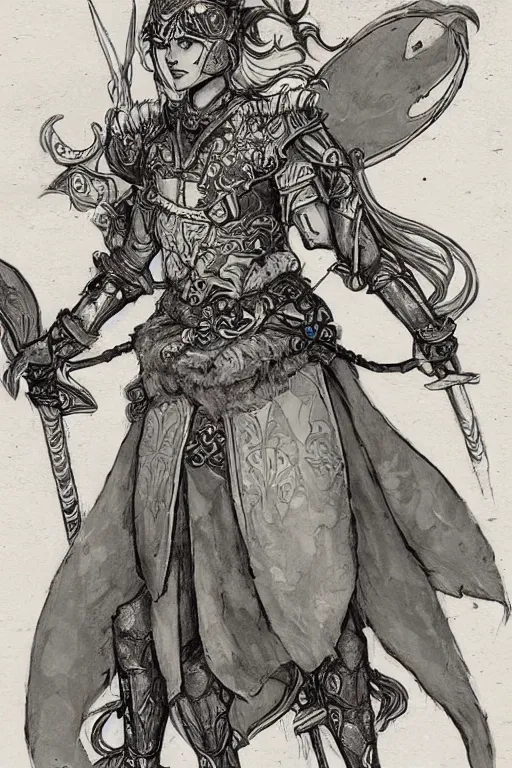 Prompt: female changeling spearman in floral - patterned light armor, wielding a long halberd, wearing a noh theatre mask, barefoot in sandals, capricious, energetic, provocative, realistic proportions, reasonable fantasy, in the style of dnd illustrations, tabletop rpg.