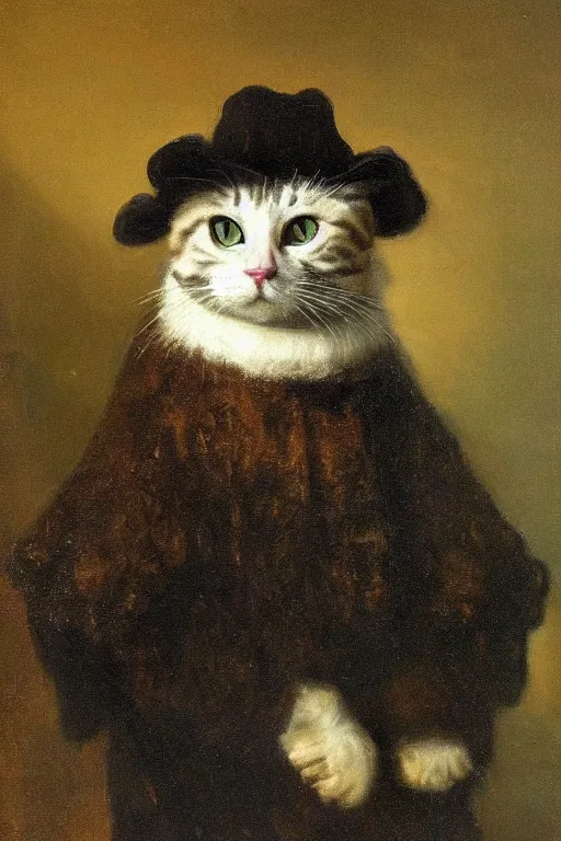 Prompt: An oil painting by Rembrandt of a cat with a suit