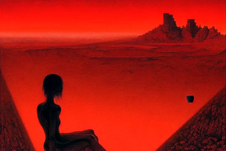 Image similar to only with red, a red shinigami eat apple, a city on mars in background, an ancient path, pathos, in the style of beksinski, part by hopper, part by rodcenko, part by hofbauer, intricate composition, red by caravaggio, insanely quality, highly detailed, masterpiece, red light, artstation