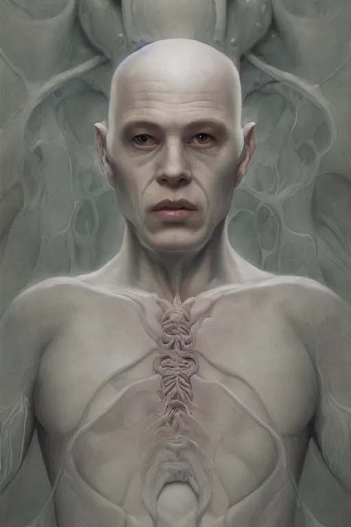 Image similar to a man with a very white and translucent skin, art by James Jean and Wayne Barlowe, high detail, cinematic, cgsociety 8k