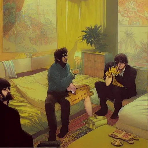 Prompt: The Beatles smoking weed in a hotel room with Bob Dylan, yellow theme, by krenz cushart and mucha and yoneyama mai and greg rutkowski