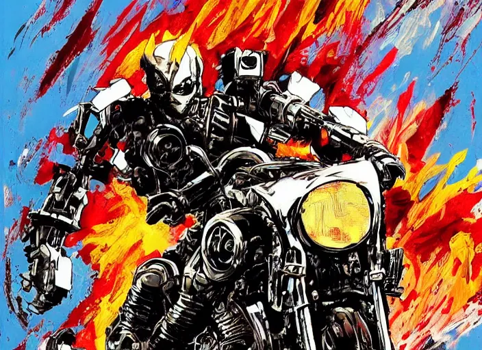 Prompt: marvel ghost rider, wearing futuristic cybernetic battle armor, riding a cyberpunk styled akira motorcycle, by ashley wood, yoji shinkawa, jamie hewlett, 6 0's french movie poster, french impressionism, vivid colors, palette knife and brush strokes