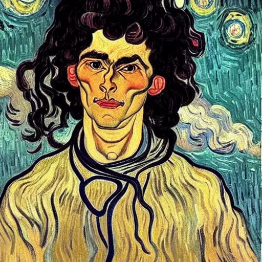 Image similar to painting of handsome beautiful dark medium wavy hair man in his 2 0 s, dressed as an oracle, looking upward to the heavens above!!, smile, foreseeing the future, elegant!!, clear, painting, highly stylized, art by vincent van gogh, egon schiele