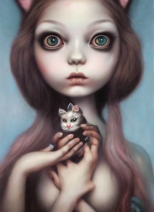 Image similar to pop surrealism, lowbrow art, realistic cute alice girl painting, holding a cat, hyper realism, muted colours, rococo, natalie shau, loreta lux, tom bagshaw, mark ryden, trevor brown style,