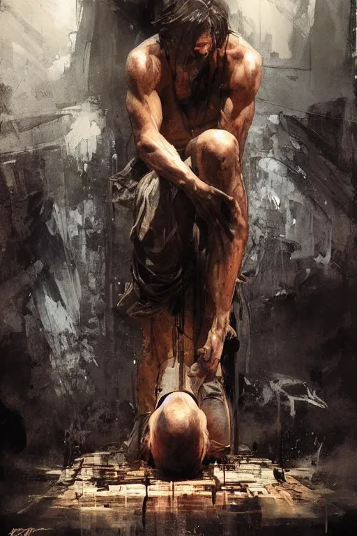 Image similar to man kneeling at the foot of a wooden cross, dramatic lighting art by Yoji Shinkawa by Richard Schmid by greg rutkowski by Sandra Chevrier by Jeremy Lipking cinematic dramatic, by frank miller, illustration by Ruan Jia and Mandy Jurgens and William-Adolphe Bouguereau, Artgerm, 4k, digital art, surreal, space dandy style, highly detailed, godsend, artstation, digital painting, concept art, smooth, sharp focus, illustration by Ruan Jia and Mandy Jurgens and William-Adolphe Bouguereau, Artgerm