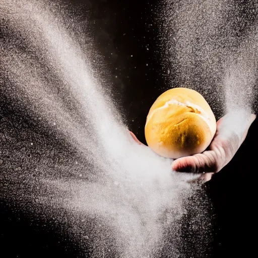 Prompt: closeup photo of a dough ball spinning in the air between two hands, dough ball is suspended in the air, hovering over a black marble bench, flour dust flying, live fire on black background, backlight, dramatic lighting, vibrant colors, sony alpha a6400, studio photography