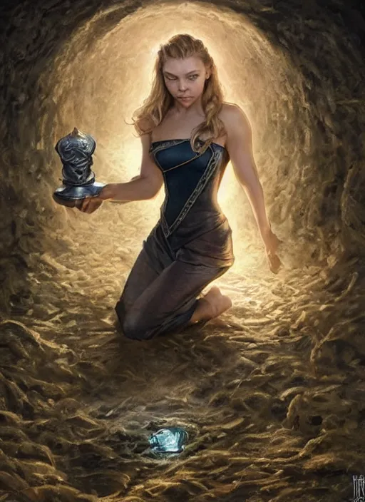 Image similar to Natalie Dormer as Margaery Tyrell as a ruggedly handsome heroine kneeling next to a glowing artifact lodged in shallow water, intricate, elegant, highly detailed, artstation, concept art, smooth, sharp focus, illustration, art by artgerm and donato giancola and Joseph Christian Leyendecker, WLOP, fireflies