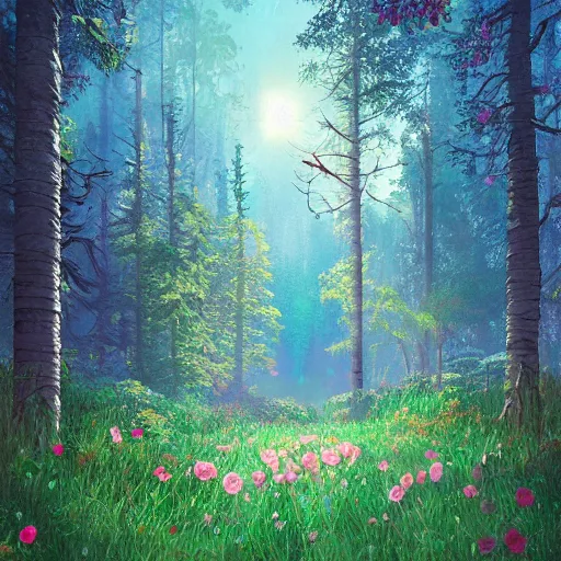 Prompt: “A beautiful painting of a forest in summer, wild roses in distance, sunlight, detailed, light effect, Trending on artstation, by beeple, Makoto Shinkai”