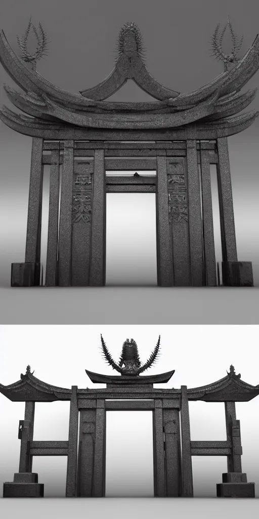 Prompt: 3 d render of a torii gate sculpture, chrometype, liquid metal, neotribal with thorns, japanese temple, raytraced, volumetric lightning, 8 k, by zheling xu, wlop, ouchh and and innate studio