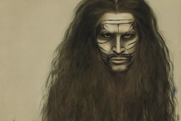Prompt: detailed portait of a dungeon necromancer with long hair and face paint, by laszlo moholy - nagy