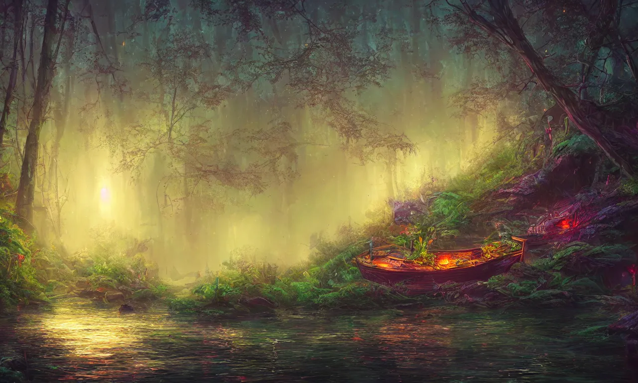 Prompt: Beautiful wooden boat in the forest river, vibrant bright cyberpunk color scheme, hyperdetailed twigs and plants, moonlit nightscape, bioluminiscent fireflies, layered fog, moody lighting, photorealistic digital arts, artstation HD, 8K