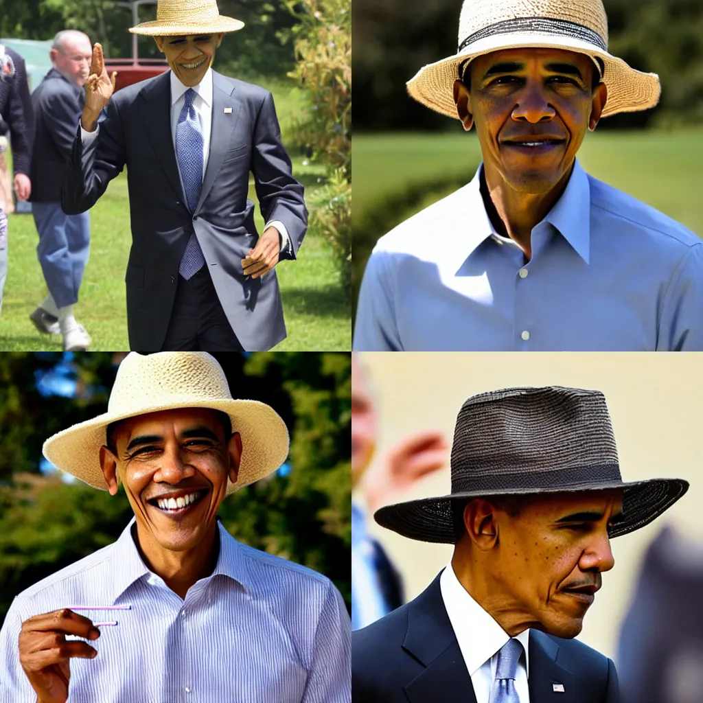 Prompt: a high quality photo Obama with a straw hat