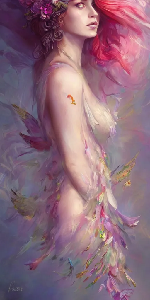 Image similar to a colorful and provenance portrait painting of the fantasy female with a floral wings, detailed, highly detailed, her hair made of hair made of air wind and curling smoke, mist, dust, genie, spirit fantasy concept art ， art by charlie bowater, trending on artstation.