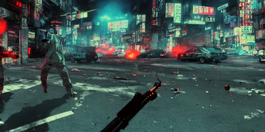 Image similar to 1991 Video Game Screenshot, Anime Neo-tokyo Cyborg bank robbers vs police shootout, bags of money, Police officer hit, Bullet Holes and Blood Splatter, Hostages, Smoke Grenade, Sniper, Chaotic, Cyberpunk, Anime VFX, Machine Gun Fire, Violent, Action, Fire fight, FLCL, Free-fire, Highly Detailed, 8k :4 by Katsuhiro Otomo + Studio Gainax + Arc System Works : 8