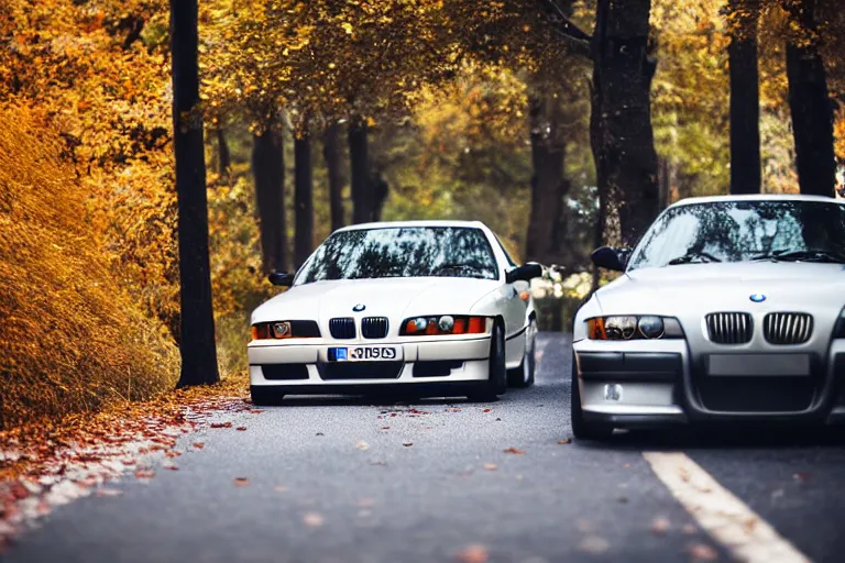 Prompt: A BMW e36 parked in a road with trees, autumn season, Epic photography, taken with a Canon DSLR camera, 250 mm, depth of field