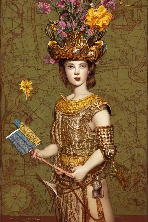 Image similar to hyperdetailed matte illustration of a knight wearing an ornate gold headpiece and holding a flower with a map of the collective subconscious in the background by john currin