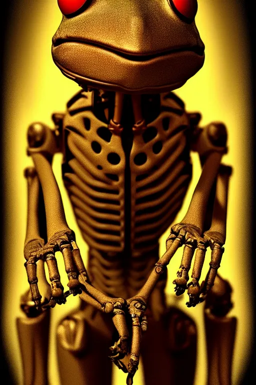 Image similar to movie poster of kermit the terminator, chromatic humanoid skeleton frog skeleton hybrid, robot, ultra realistic, cinematic lighting hd photography,