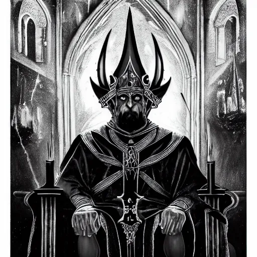 Image similar to an ultra detailed black and white tarot card of the evil patriarch with pitch black eyes wearing his royal robes and sitting imperiously on his throne high in the cathedral, concept art, incense smoke drifting through the air, portrait, artstation, volumetric lighting, exquisite detail, octane render, 8 k postprocessing, art by john collier and albert aublet