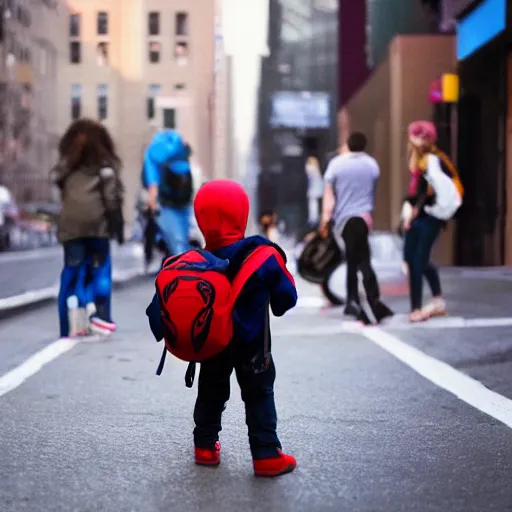 Image similar to photo of spiderman with a backpack on his way to school on the streets of new york, lonely atmosphere