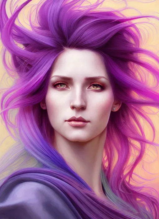 Image similar to Portrait of a woman with bright colored flying hair, all shades of purple. Hair coloring, amber eyes, face, long hair, fantasy, intricate, elegant, highly detailed, digital painting, artstation, concept art, smooth, sharp focus, illustration, art by artgerm and greg rutkowski and alphonse mucha