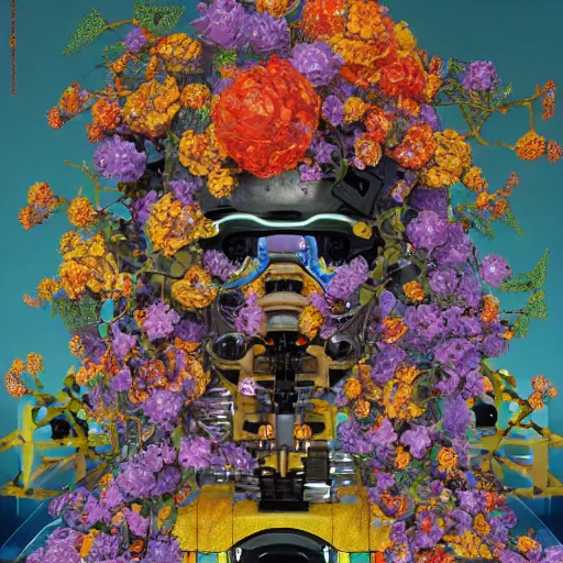 Image similar to colourful vfx art - portrait of army mecha robot wrapped in flowers & vines, art by utagawa kunisada & tadanori yokoo, volumetric light, ray tracing, sharp, detailed, digital painting, illustration, highly detailed, intricate detail, unreal engine, octane render, pinterest, behance, art station,