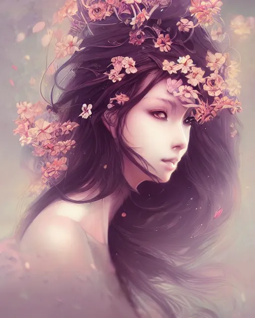 Prompt: anime portrait, intricate, ornate flowers, mystical flowing hair, elegant, digital painting, artstation, concept art by artgerm and wlop