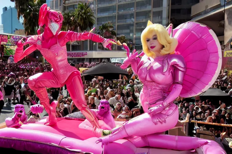 Image similar to Angelyne fights Scorpion from Mortal Kombat on a float at the Rose Parade, hyperdetailed, photorealistic,