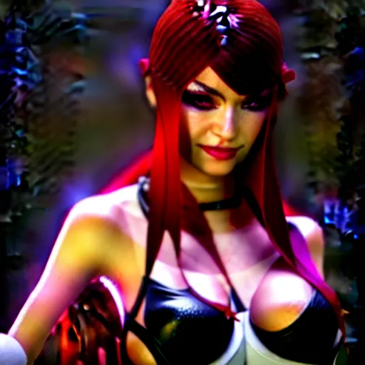 Image similar to Katarina from League of Legends, photorealistic studio portrait, studio lighting, unreal engine 5, hyperrealistic, dynamic lighting, white ambient background, realistic, highly detailed