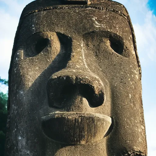 Image similar to a high detail photo of a moai wearing headphones